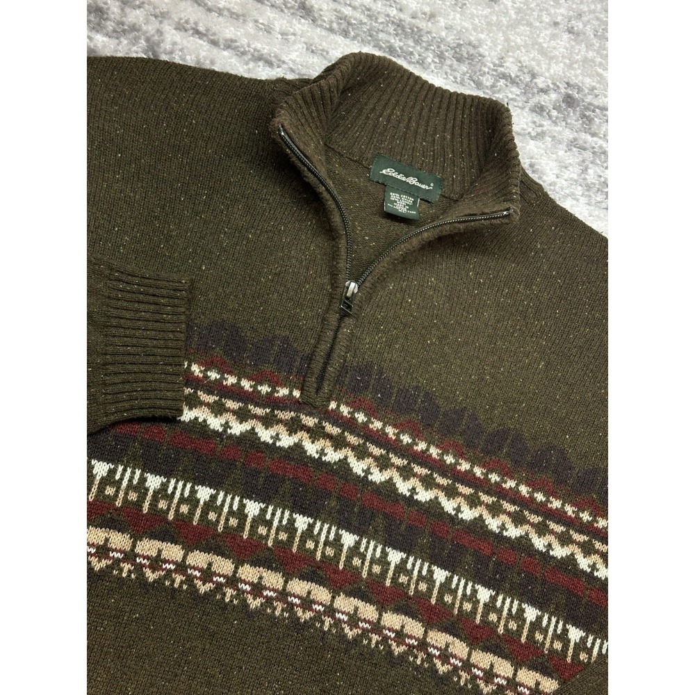 Eddie Bauer Men's XL Green Fair Isle Lambswool 1/4 Zip Wool Pullover Sweater